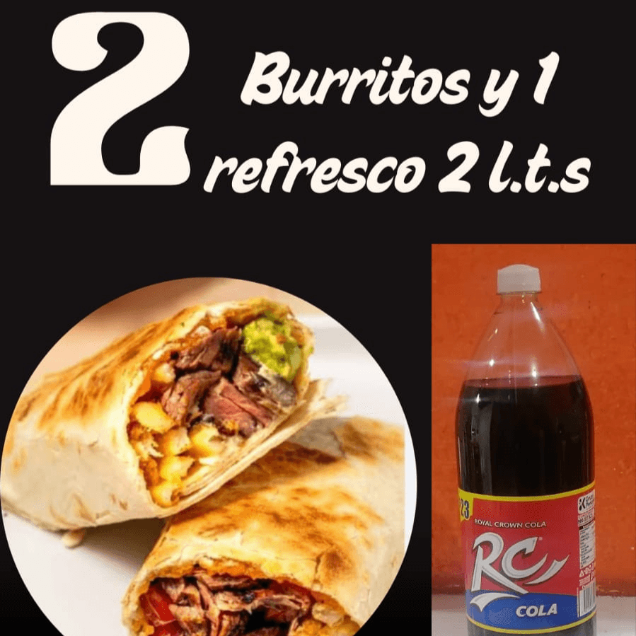 2 burritos de pastor y 1refresco de RC cola 2Lt