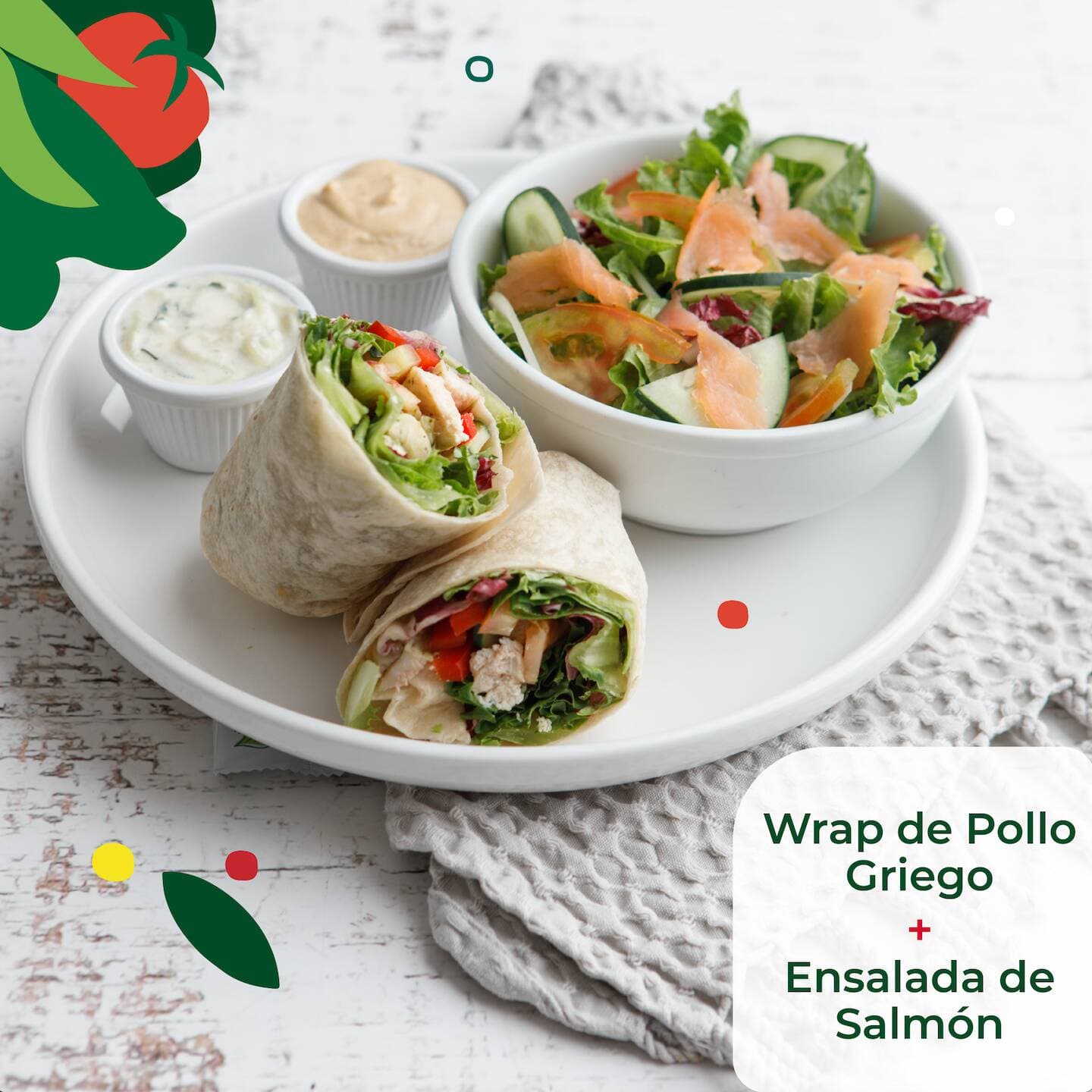 1/2 Wrap de Pollo Griego + 1/2 Ensalada Salmón