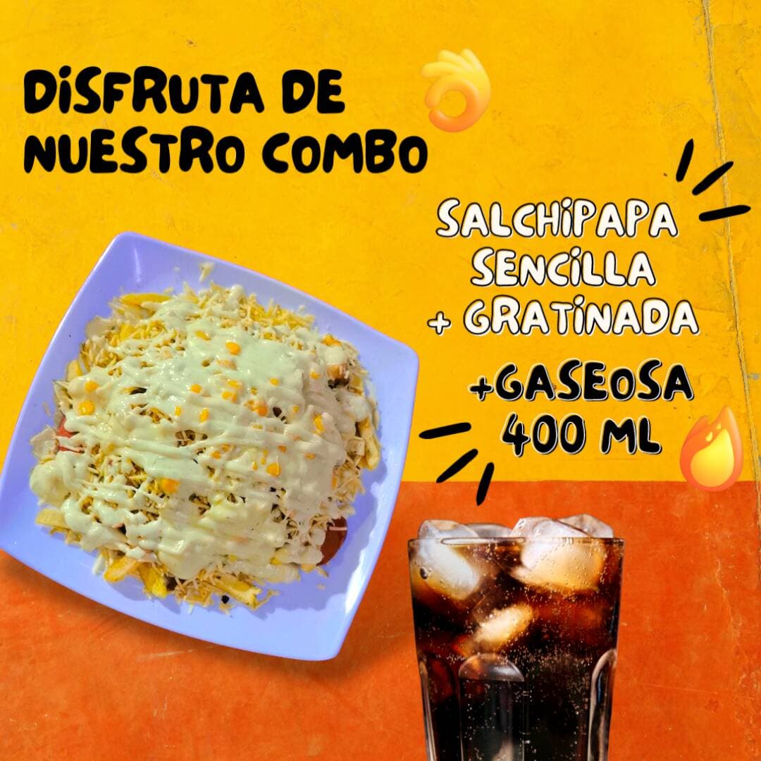 Salchipapa Sencilla Gratinada + Gaseosa 400 Ml
