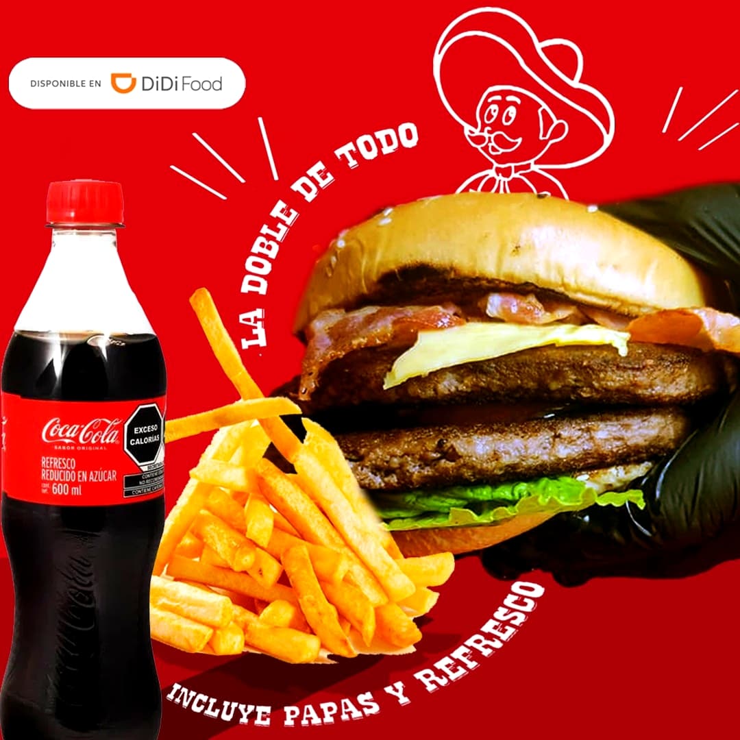 Hamburguesa Doble Carne, con Papas y Refresco.
