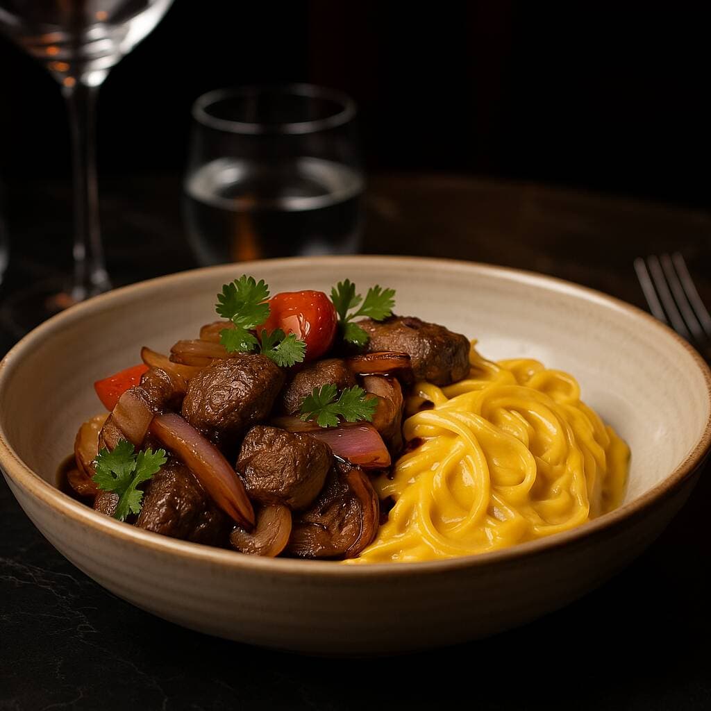 Tallarines a la Huancaína con Lomo Saltado