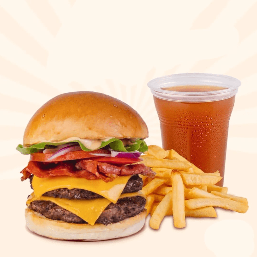 1 Hamburguesa Doble + Papas + Tea helado.