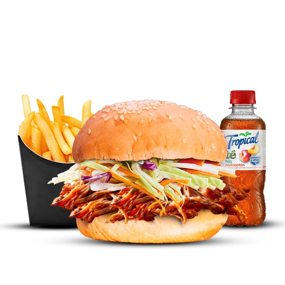 Hamburguesa Carne Mechada + Papas + Té