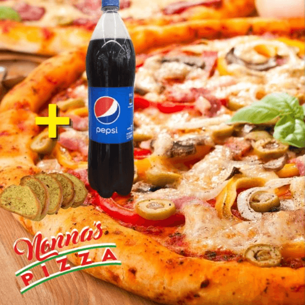 1 Pizza Grande Extra Full, Pan al Ajo y Gaseosa