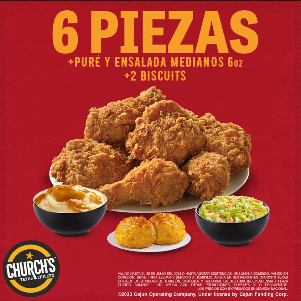 6 Pza pollo, 2 Complementos Medianos, 2Biscuits