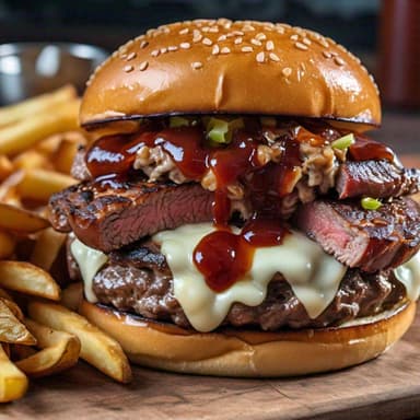 Hamb. Arrachera + Rib eye (c/Papas)