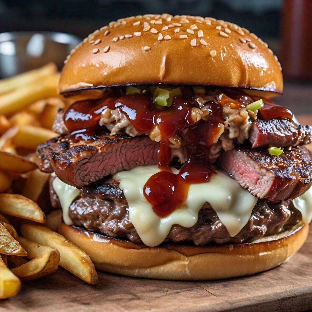 Hamb. Arrachera + Rib eye (c/Papas)