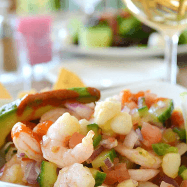Ceviche de Camarón con Tortilla Tostada