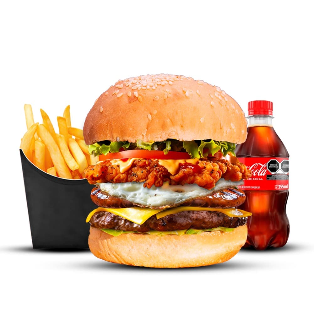 Hamburguesa Triple + Papas + gaseosa 250 ml