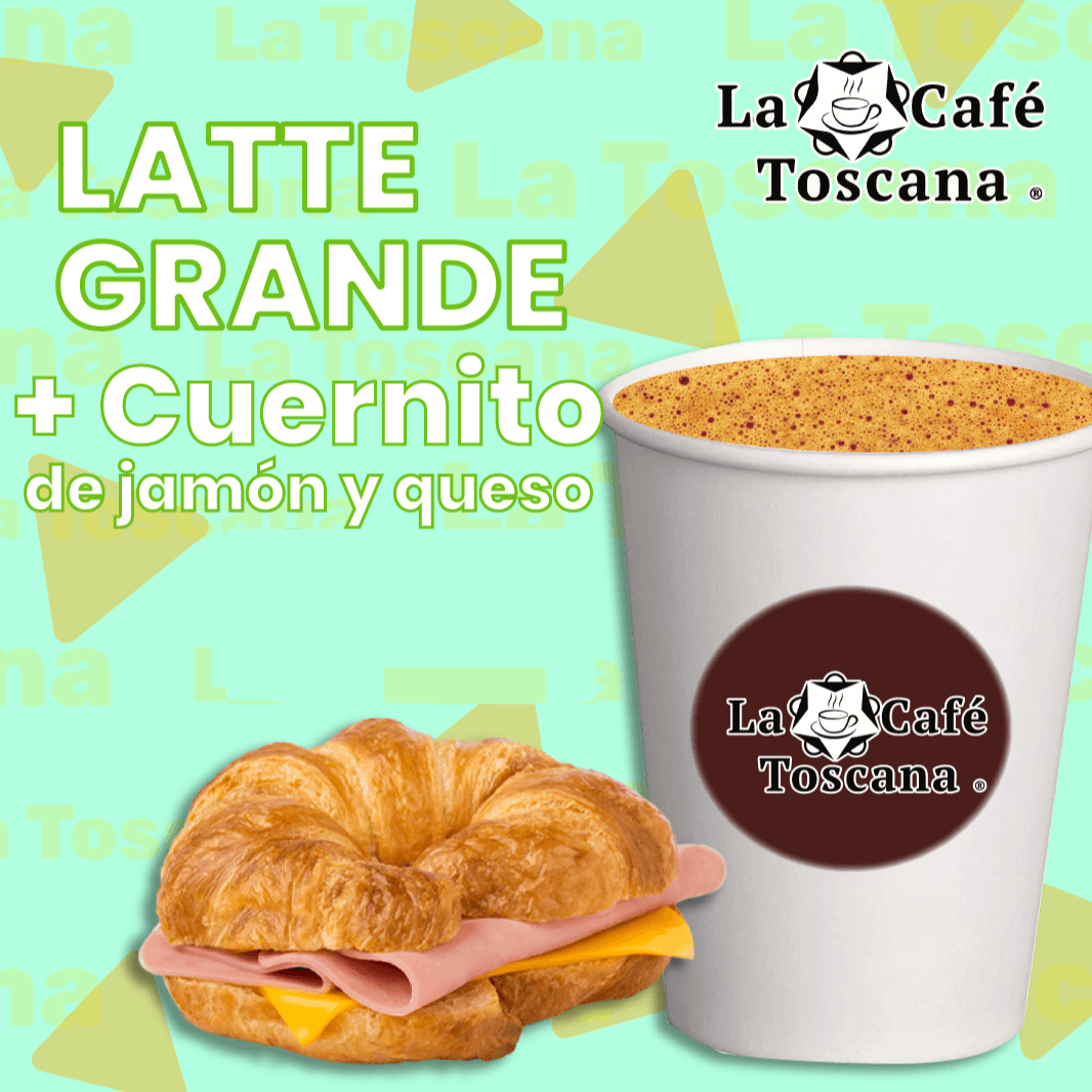 Latte Grande + Cuernito de Jamon y Queso
