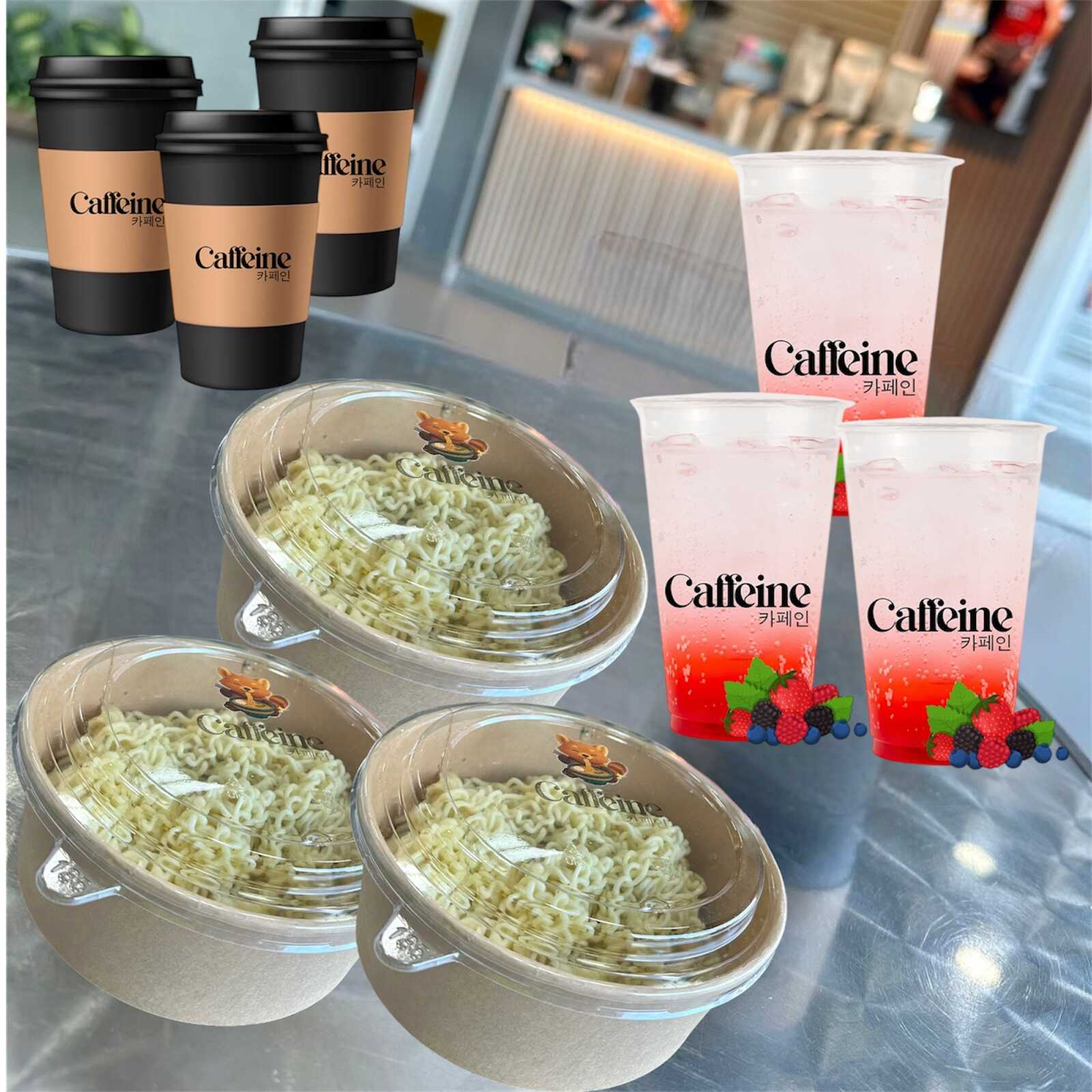 3 RAMEN KAPEIN + 3 SODAS KOREANAS + 3 CAFÉS