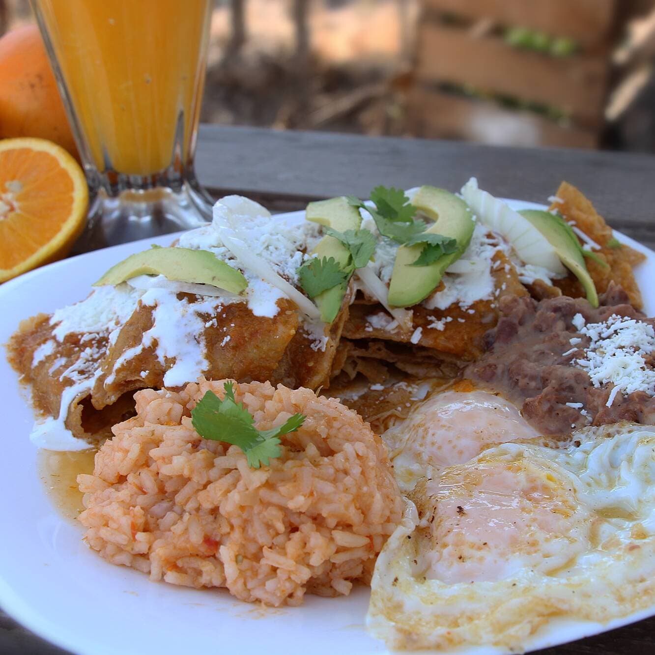 Chilaquiles Verdes con Huevo, Arroz y Frijol