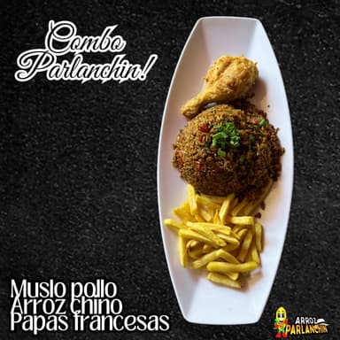 POLLO FRITO+ ARROZ CHINO+ PAPAS FRANCESAS.