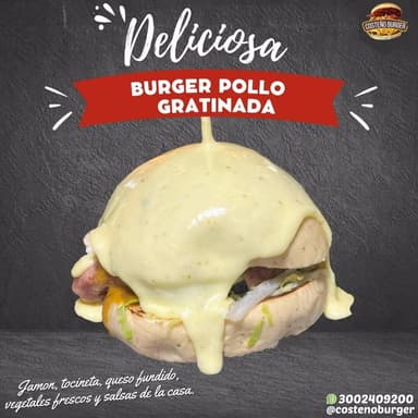 BURGER DE POLLO GRATINADA + PAPAS FRANCESAS