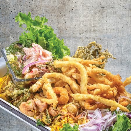 Ceviche, Arroz con Mariscos y Chicharrón de Pota