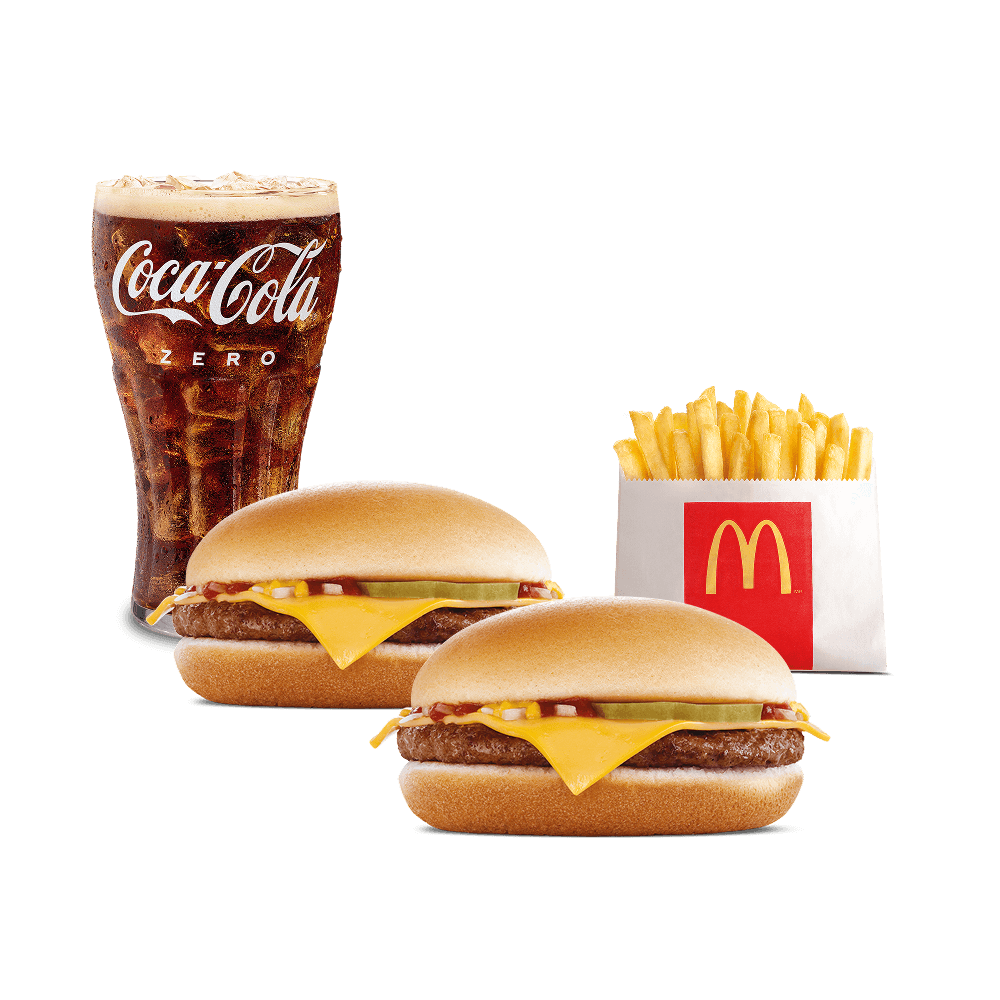 2 Hamburguesas con Queso + Gaseosa Pequeña + Papas Pequeñas