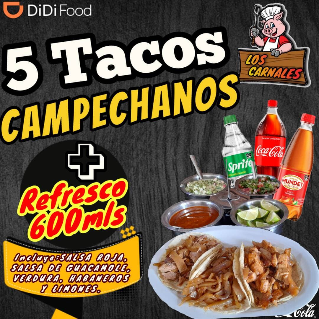 5 Tacos Campechanos + Refresco 600 Ml