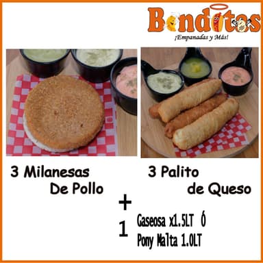 3 Milanesas + 3 palitos + Gaseosa 1.5lt