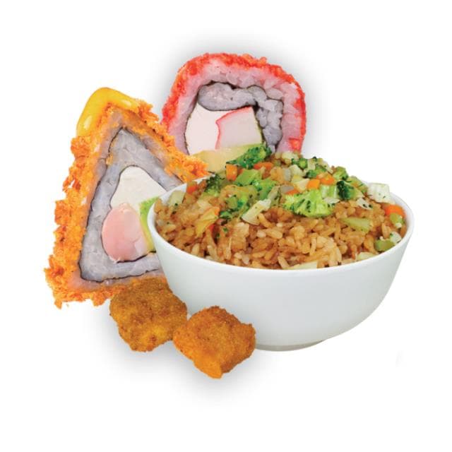 PAREJA 2 ROLLOS, 1 ARROZ FRITO CON VEGETALES, 4 MINI KUSIAGES