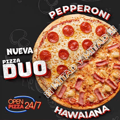 Pizza Dúo Pepperoni y Hawaiana.