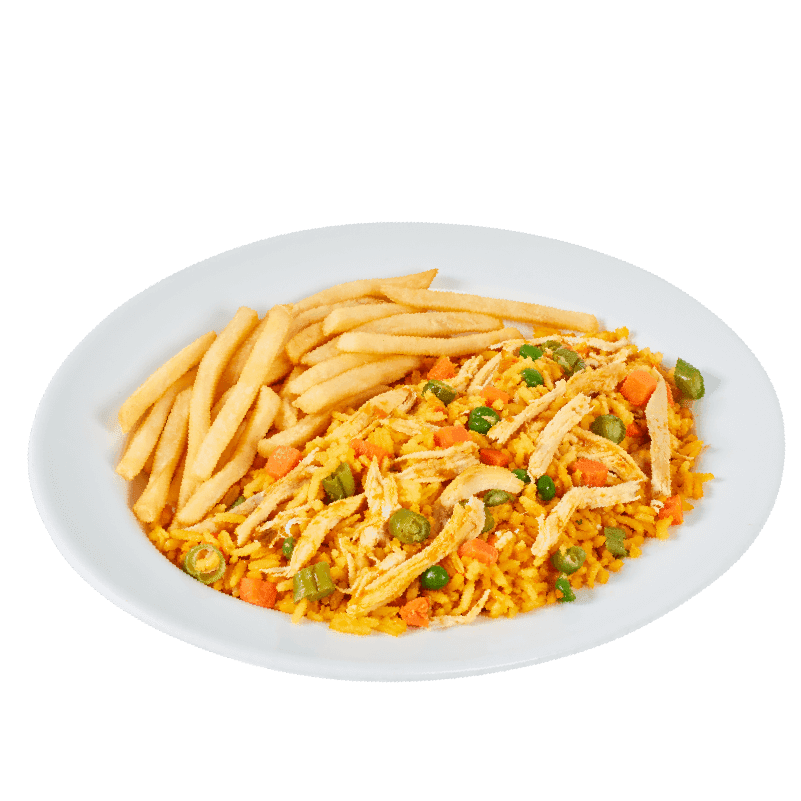 ARROZ CON POLLO Y PAPAS FRITAS