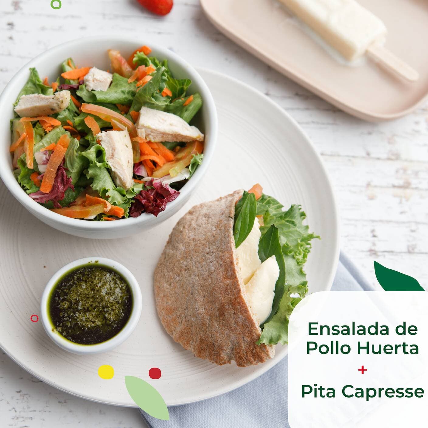 1/2 Ensalada Pollo Huerta + 1/2 Pita Capresse