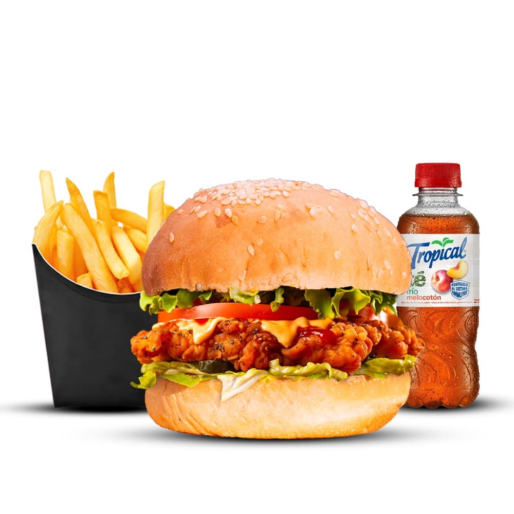 Combo hamburguesa   Pollo Crispy + Papas + Te Frio