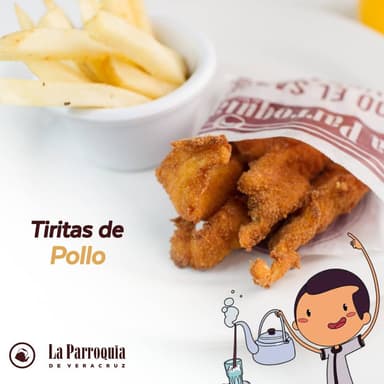 Tiritas de pollo acompañadas de papas a la frances