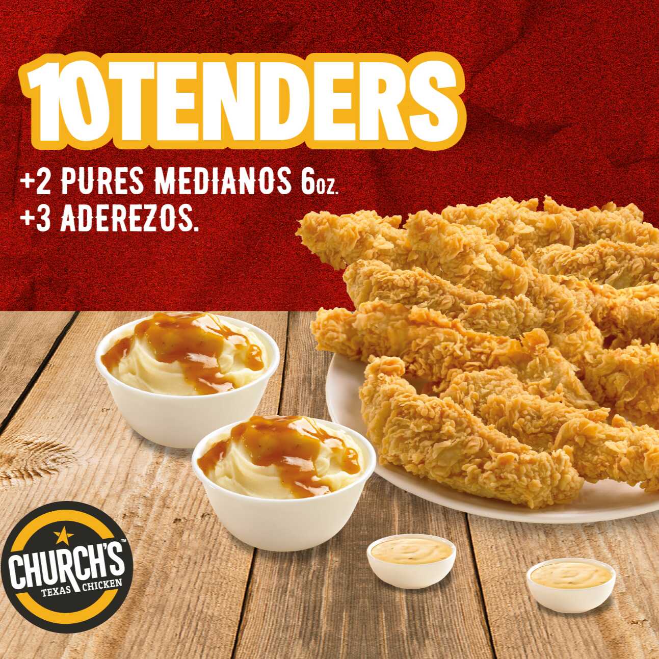 10 Tenders, 2 Pures Medianos y 3 Aderezos.