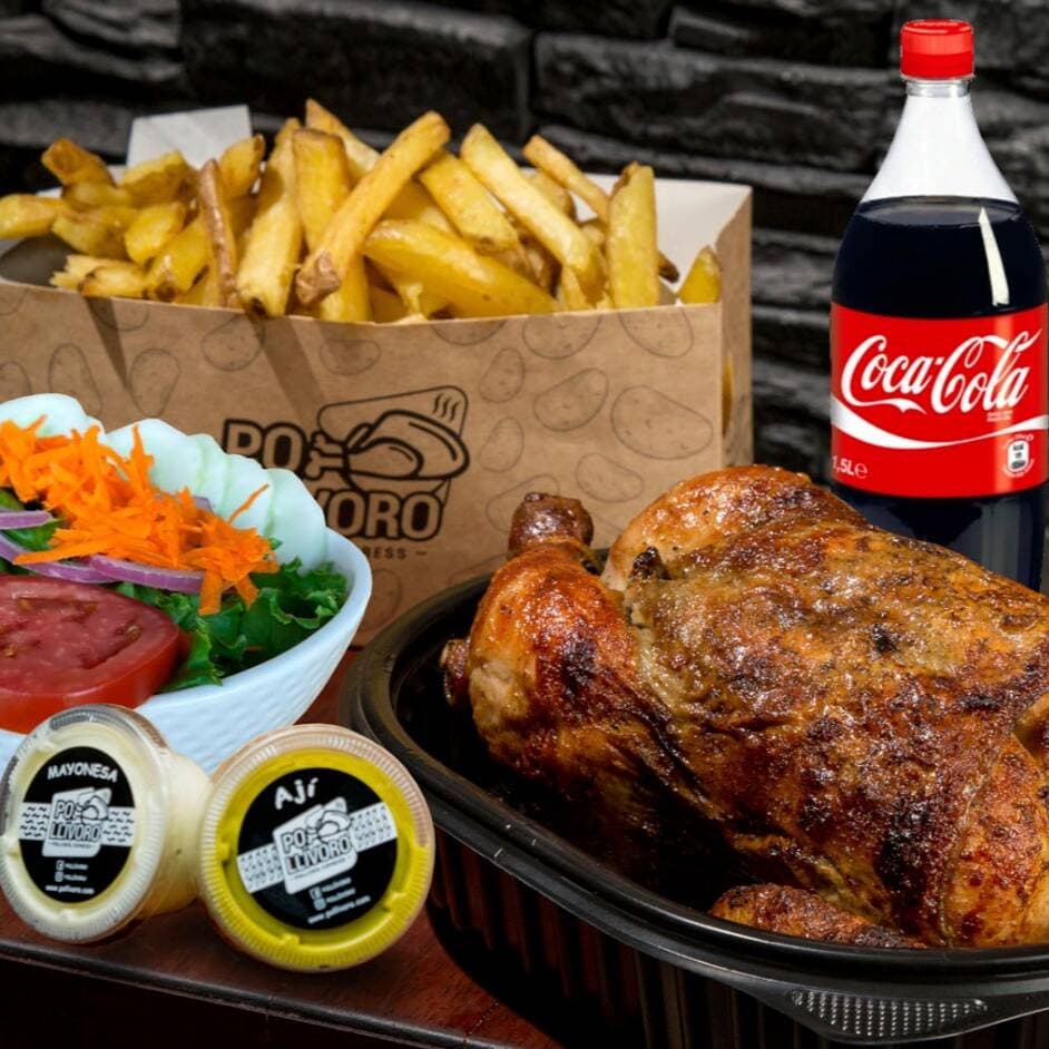 1 Pollo a la Brasa con Papas, Gaseosa y Ensalada