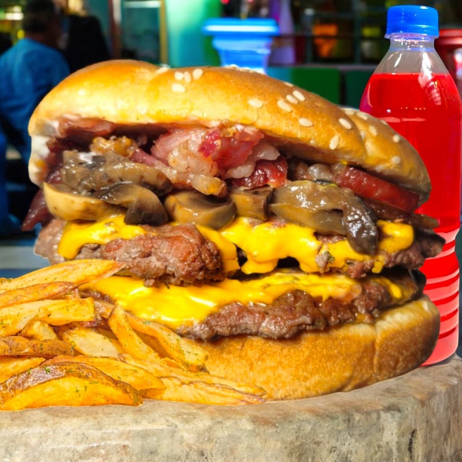 Combo Burger Doble Con Tocino Y Champiñón 🍔+🍟+🥤