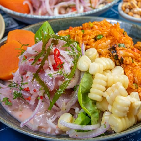 Duo Ceviche con Arroz con Mariscos