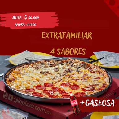 COMBO PIZZA EXTRAFAMILIAR CON 4 SABORES + GASEOSA