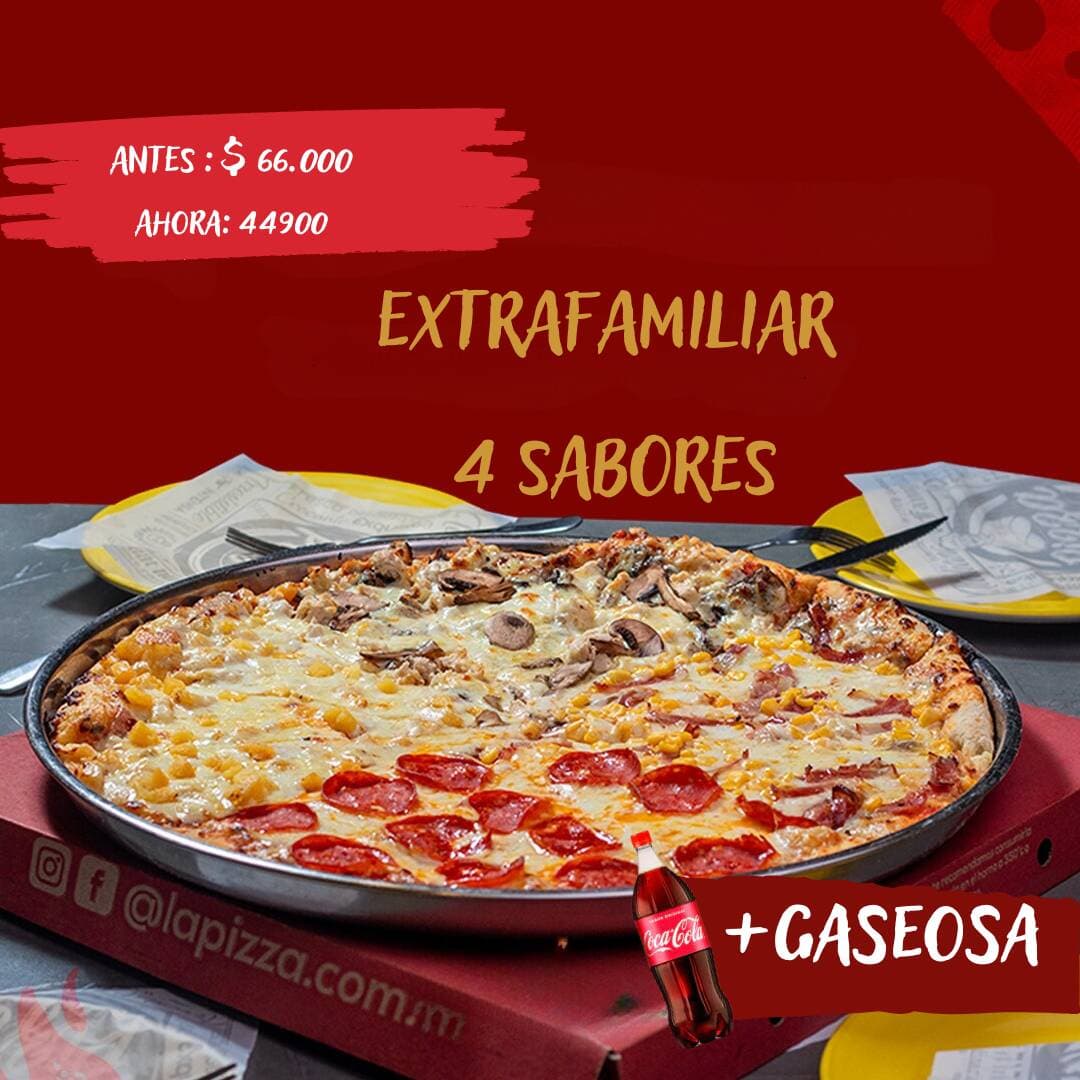 COMBO PIZZA EXTRAFAMILIAR CON 4 SABORES + GASEOSA