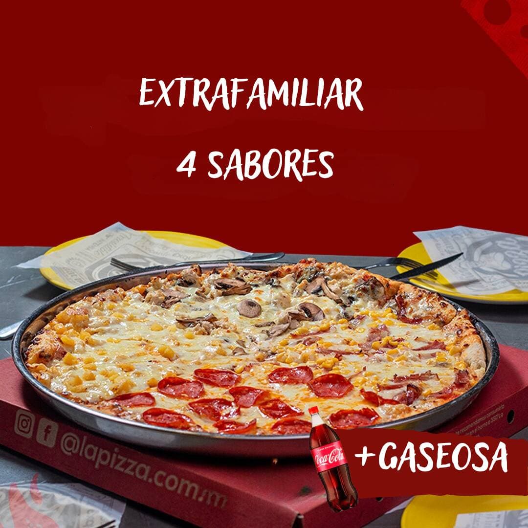 COMBO PIZZA EXTRAFAMILIAR CON 4 SABORES + GASEOSA