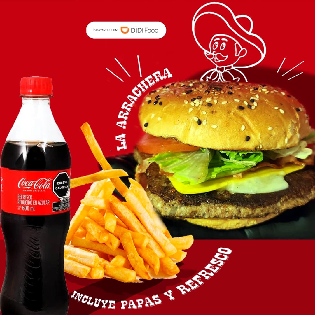 Hamburguesa de Res,con Papas Fritas y Refresco.