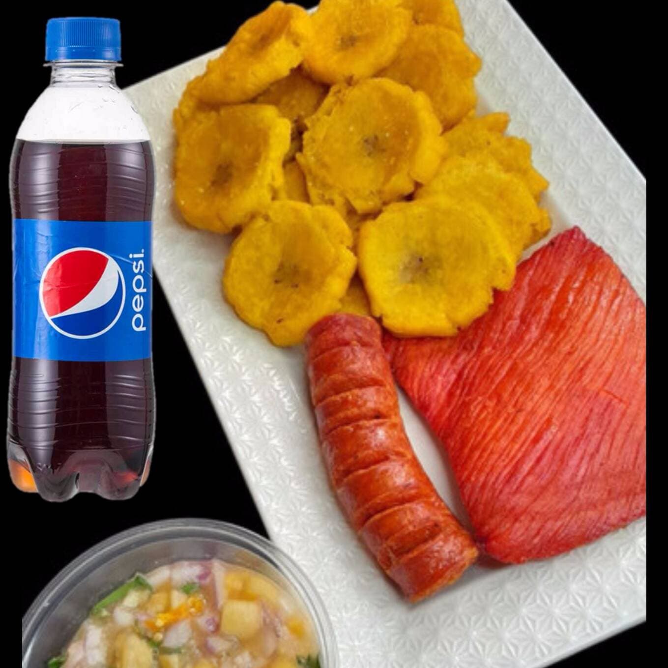 Patacones con Cecina y Chorizo + PEPSI 355 ML.