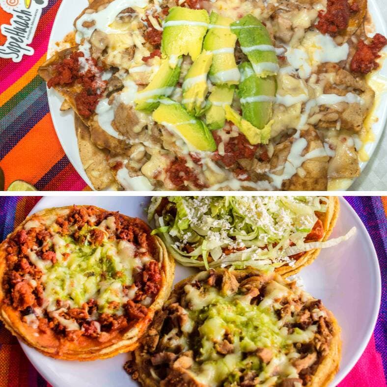 #13 Un Nacho + 3 Sopes Huach Chicharron+ 3 Bebidas