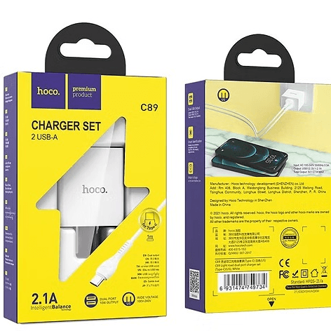 KIT CARGA HOCO TIPO C  2  USB-IN CUBO CHARGER
