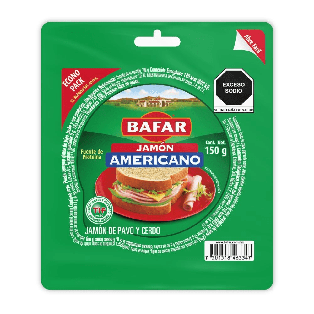 JAMON AMERICANO BAFAR PAVO Y CERDO PAQ. DE 150GR