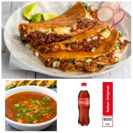 COMBO QUESABIRRIAS MAIZ + CONSOME +COCA-COLA