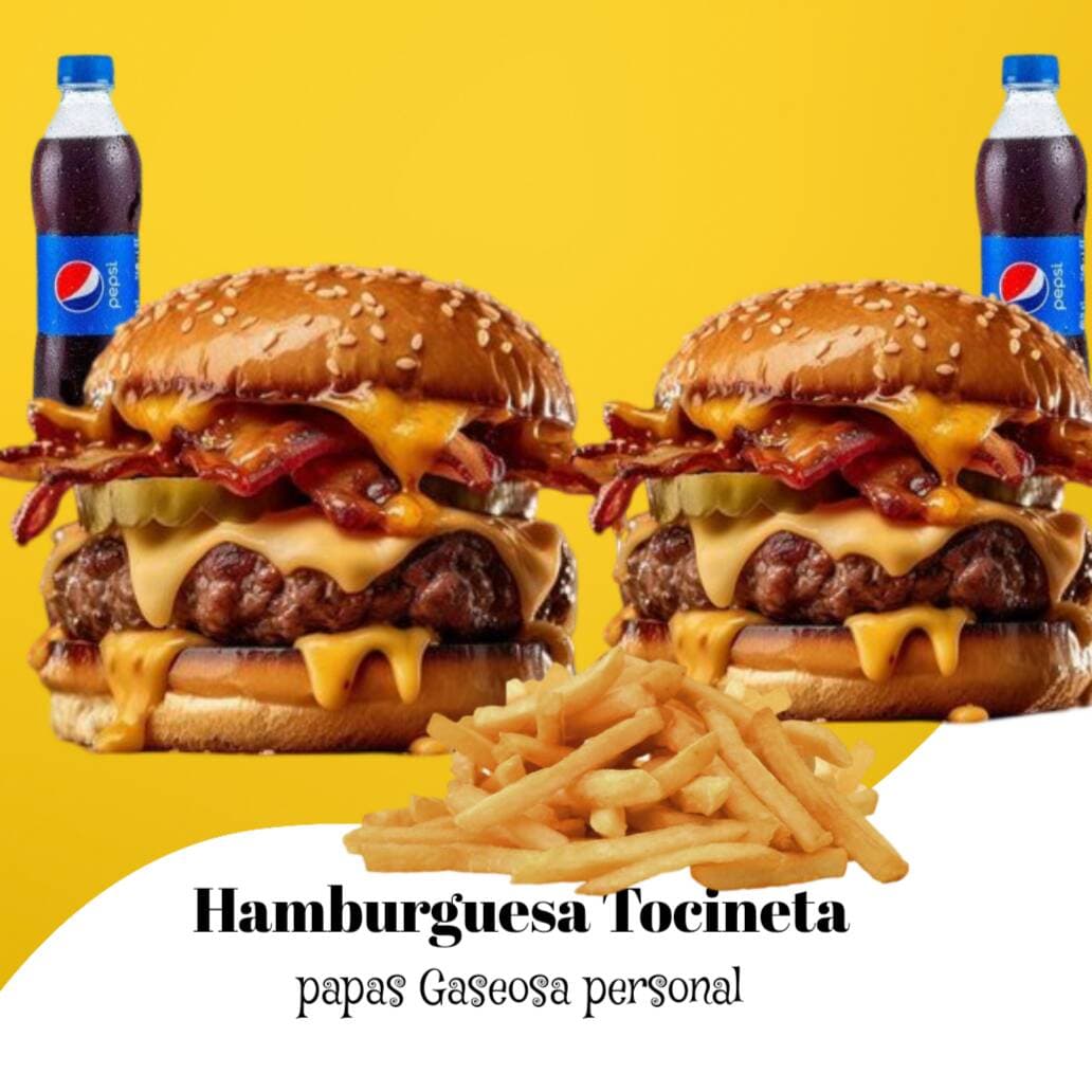 Hamburguesa 2x1 Tocineta incluye Papá. + Bebidas
