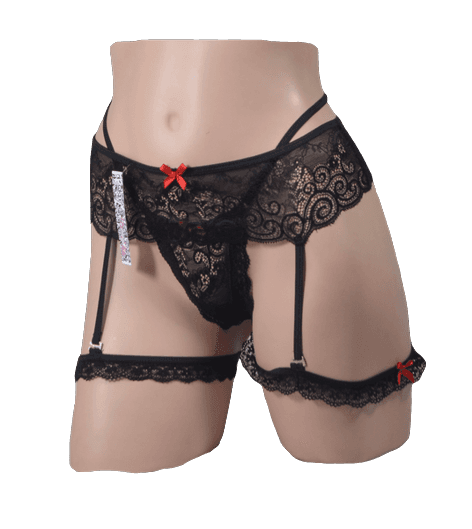 TANGA CON LIGUERO DESMONTABE NEGRO CON MOO ROJO
