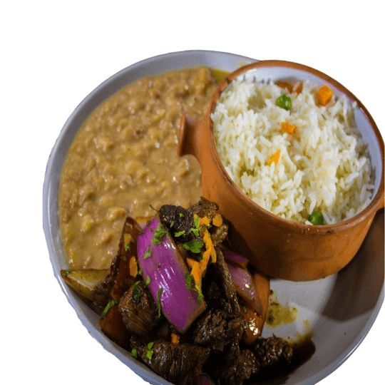 Lomo Saltado, Frejol y Arroz Blanco