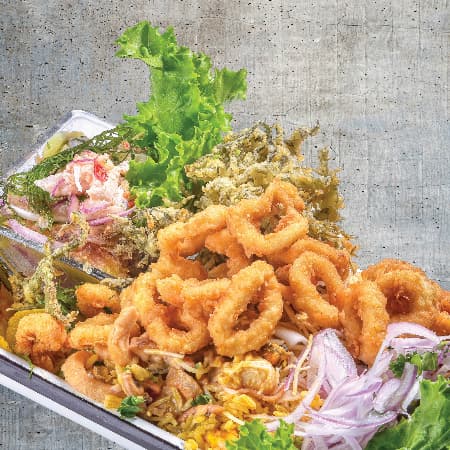 Ceviche, Arroz con Mariscos y Chicharrón Calamar