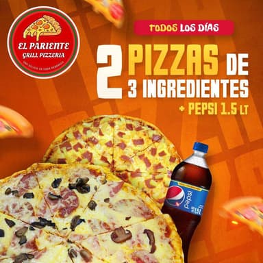 2 PIZZAS DE 3 INGREDIENTES MAS BEBIDA DE 1.5 LT
