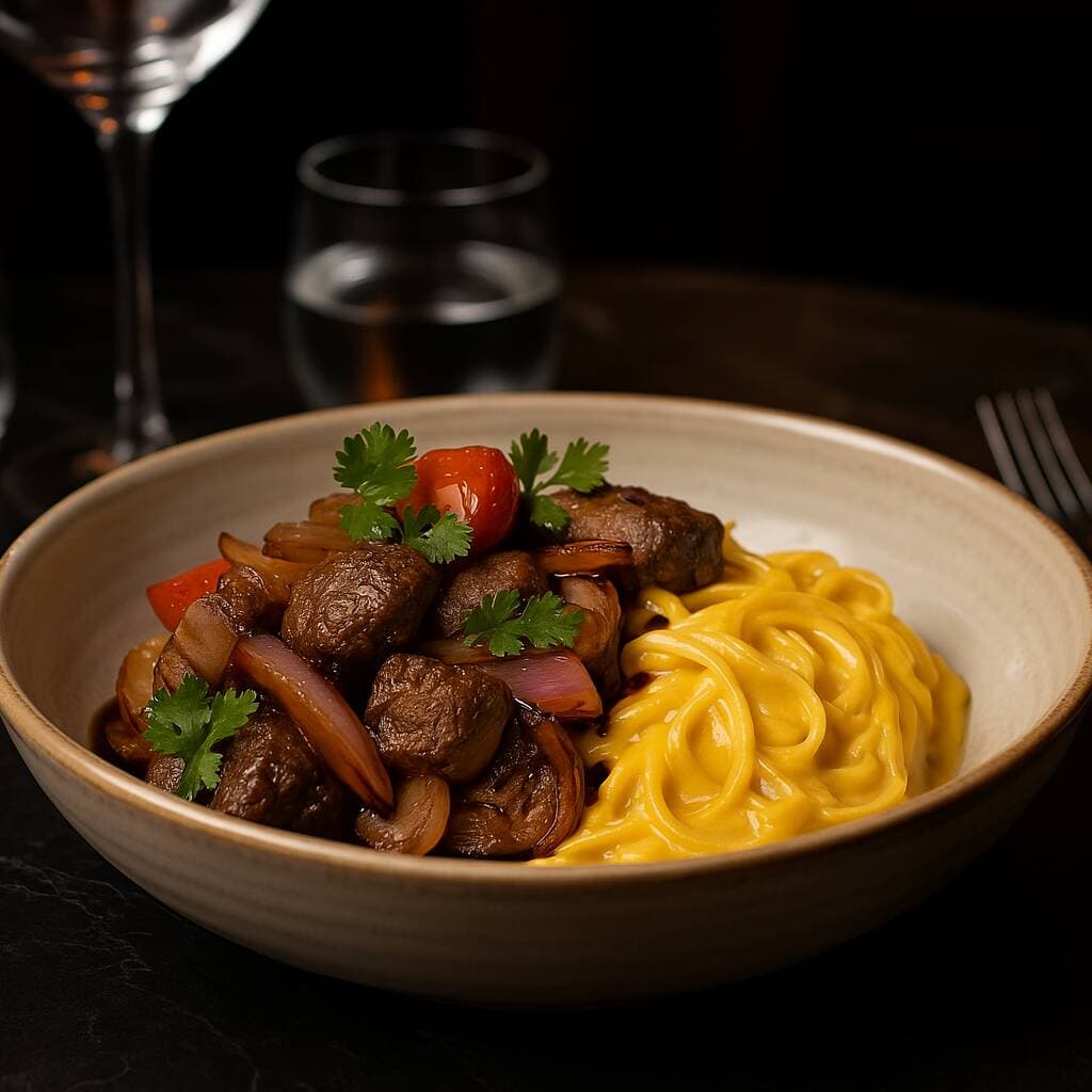 Tallarín a la Huancaína con Lomo Saltado + PEPSI