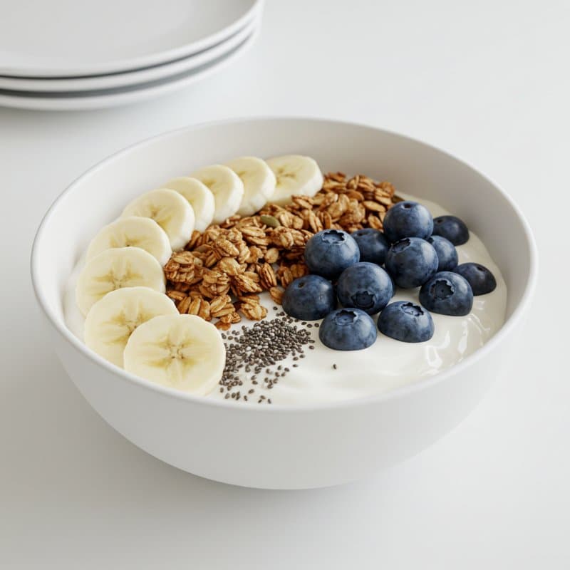 Yogurt con platano y granola.