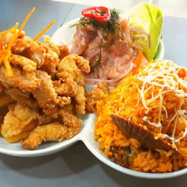 Ceviche,Chicharrón y ArrozcMariscos +Chicha