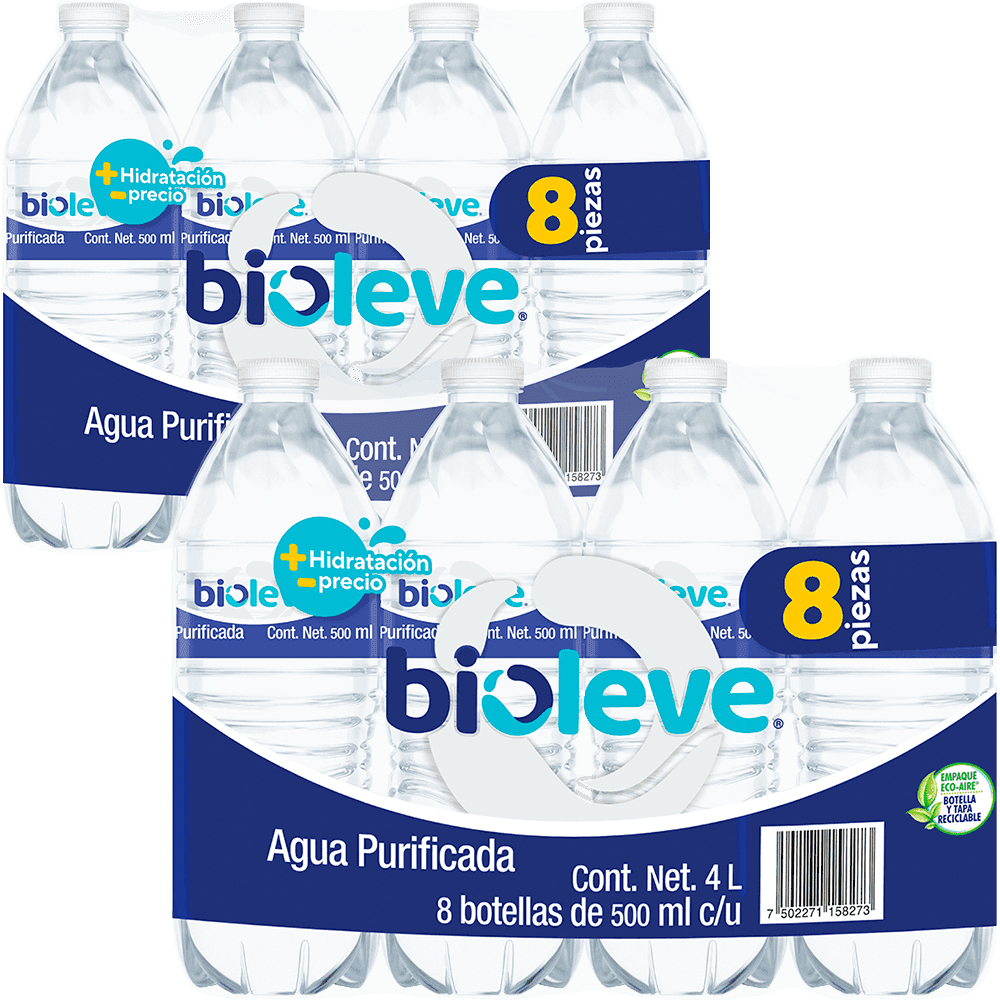 2 Agua Purificada Bioleve 0.5L 8 Pack